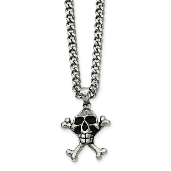 Primal Steel Stainless Steel Antiqued Skull and Crossbones Pendant 24-inch Necklace