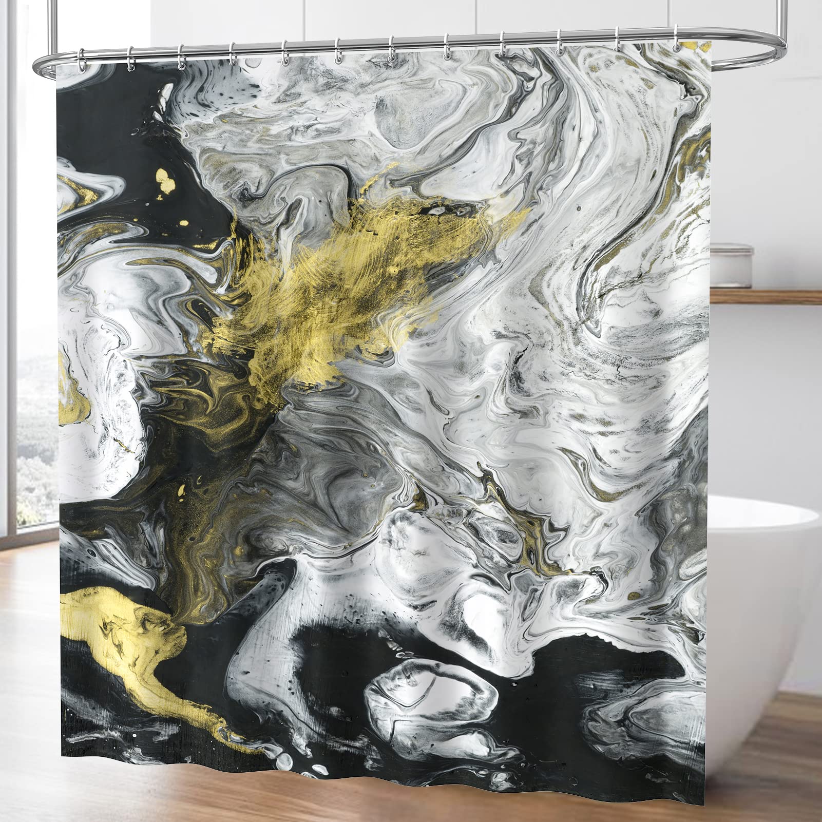 Shower Curtain Sets for Bathroom Decor with 12 Hooks, Black Gold Marble ...