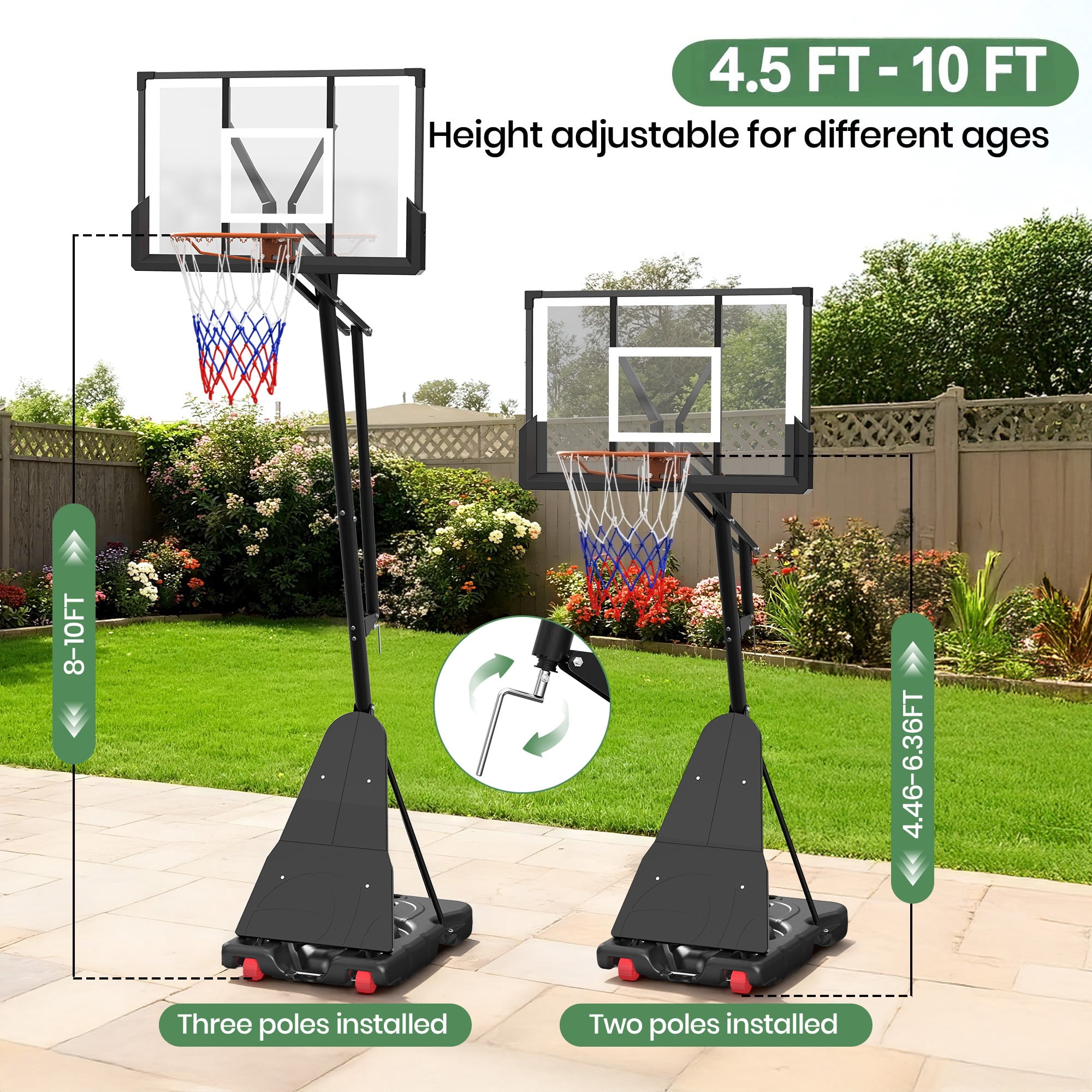 GVDV Portable Basketball Hoop with 44" Shatterproof Backboard, Adjustable Height 4.5-10 ft for Kids, Teens & Adults, Indoor and Outdoor Use​