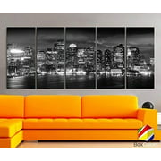 Original by BoxColors XLARGE 30"x 70" 5 Panels 30"x14" Ea Art Canvas Print beautiful Boston light Skyline night Black & White Wall Home Office decor interior (framed 1.5" depth)