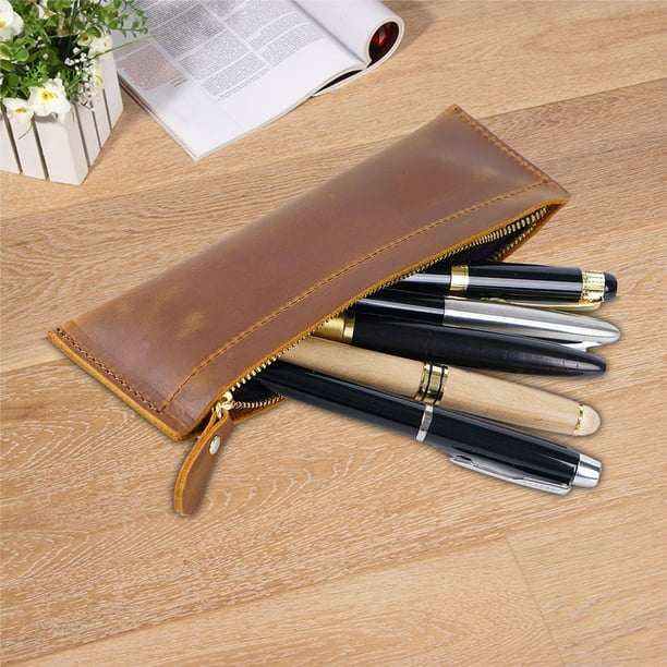 Estuche de pluma estilográfica, estuche de cuero PU, bolsillo para brochas de maquillaje, soporte para bolígrafo, bolso para artistas, hogar, oficina, Marrón BLESIY Porta bolígrafos