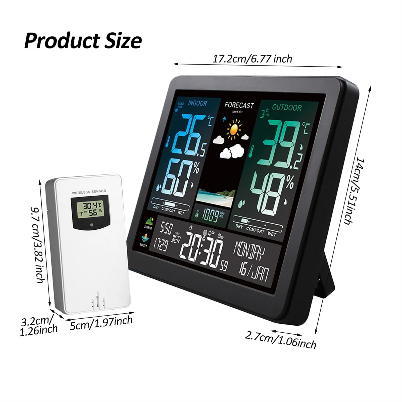 Electronic Weather Station Smart Color Screen Clock Temperature Humidity Weather Forecast Display Alarm Clock 8-Language ,High Precision