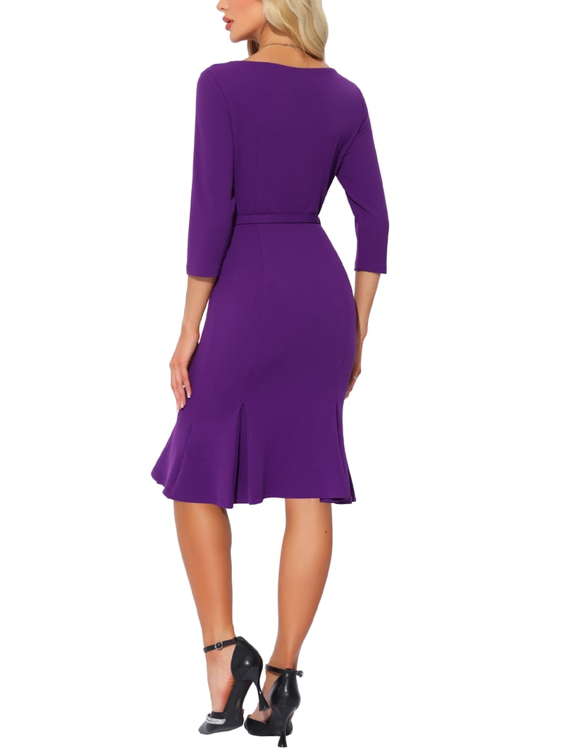 INSPIRE CHIC Women's Dress Boat Neck Half Sleeve Pleated Work Elegant Midi  Dress XS Dark Purple
