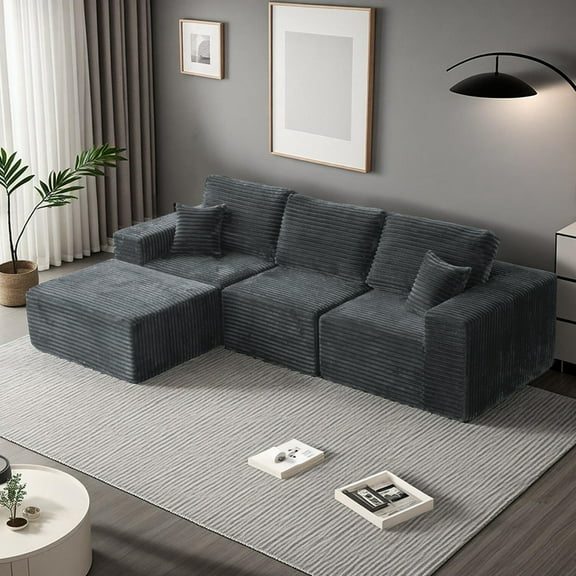 Orhopui 107" Cloud Modular Sectional Couch with Deep Seat, L-Shape Boneless Sofa with Oversized Chaise, Comfy Fluffy Couches for Living Room, Convertible, Layered Pillows, Plush Corduroy, Gray