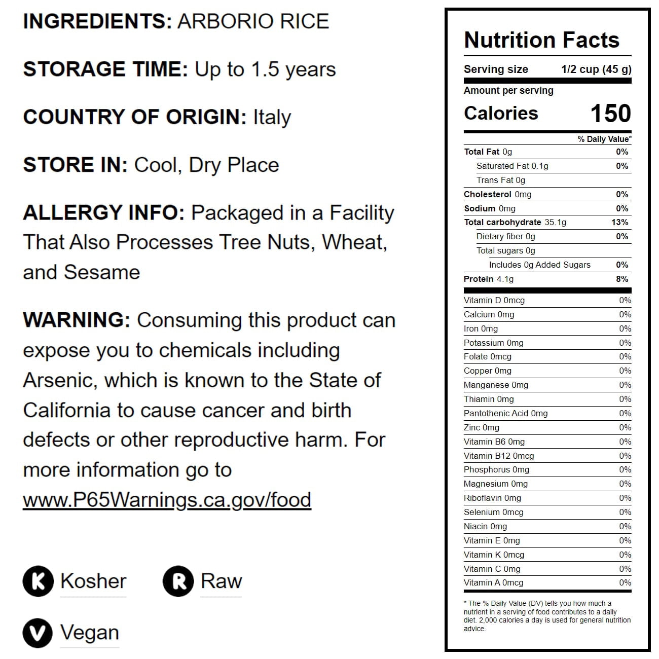 Italian Arborio White Rice, 20 Pounds – Short-Grain White Rice Variety, Superfino, Vegan, Kosher