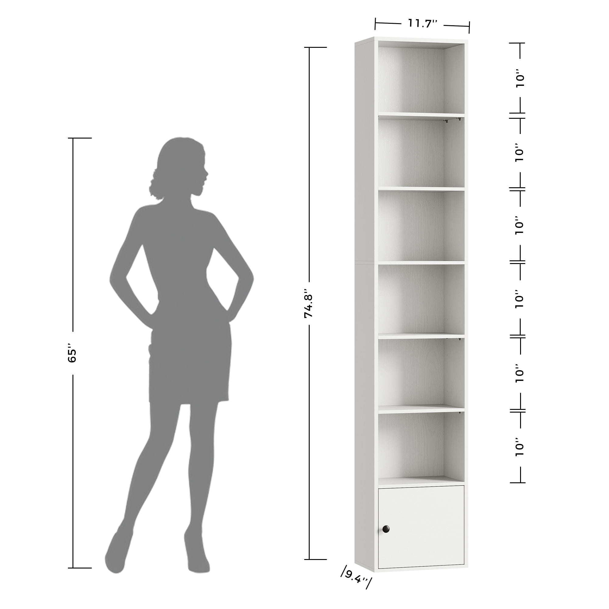 IRONCK 74.8" Tall Narrow Bookcase, 6 Tiers Open Adjustable Shelf and 1 Storage Cabinet for Home Office, White