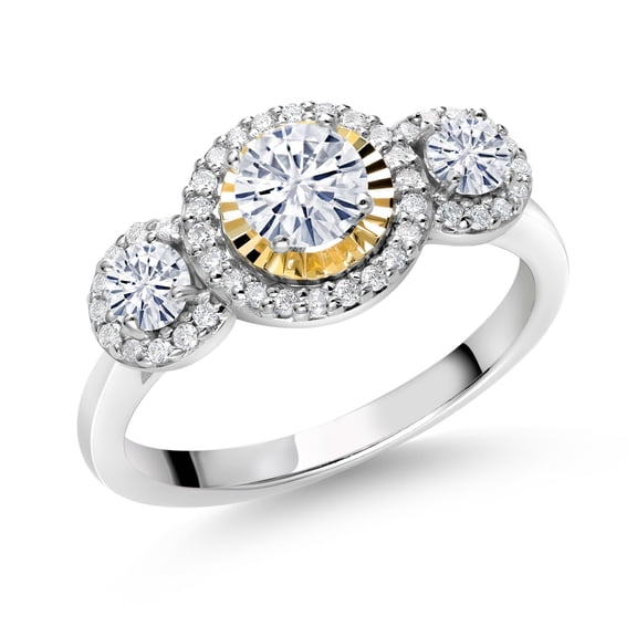 Gem Stone King 925 Silver and 10K Yellow Gold Round White Moissanite and Lab Grown Diamond 3-Stone Engagement Ring for Women (0.74 Cttw, Size 9)