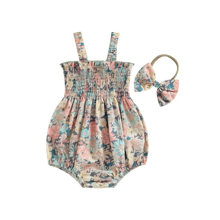 

Calsunbaby Baby Girl Floral Strap Romper Bubble Sleeveless Polka Dot Bodysuit Ruffle Jumpsuit Infant Summer Overalls 6-12 Months