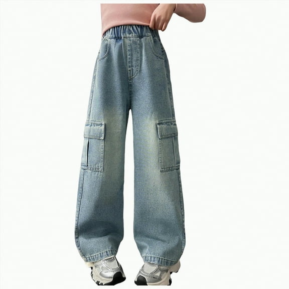 mgoYE Girls Bootcut Jeans Girls Cargo Pants Baggy Y2K Cargo Trousers Jeans Wide Leg Pants with Multi Pockets Baggy Jeans for Girls(Light Blue,10-12 Years)