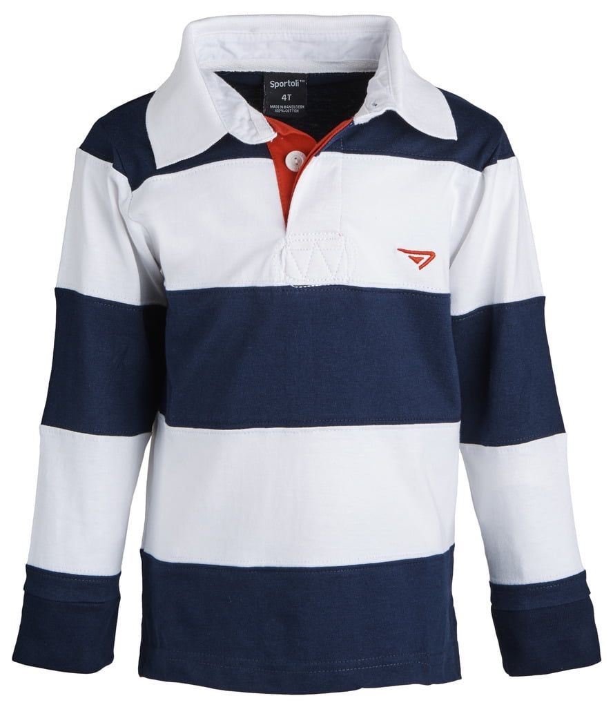 Sportoli Boys 100% Cotton Wide Striped Long Sleeve Polo Rugby Shirt 
