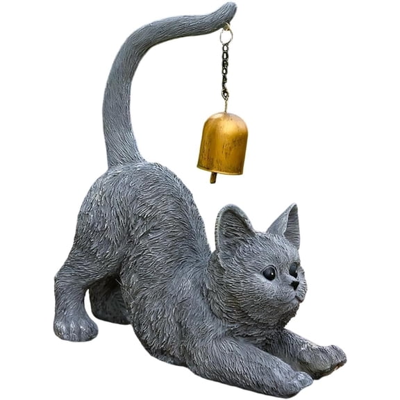 Cat Statue Kitten Figurine with Metal Bell Wind Chime, Resin Animal Sculpture for Outdoor Porch Yard Decor, Gray