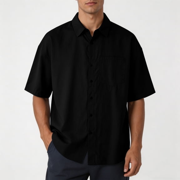 VgaVtl Summer Collared Shirt Men Black Short Sleeve Solid Color Button Everyday Clothing for Men Casual Minimalist