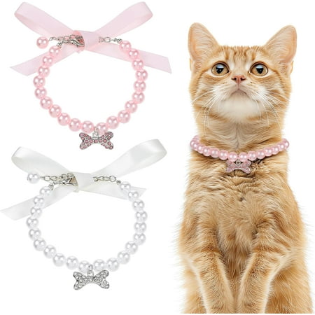 2pcs Cat Pearl Necklace Collar  Small Cat Pearl Collars with Rhinestone Bone Kitten Crystal Collar Jewelry for Small Girls Cat Puppy Party Wedding Birthday Pet Collar Accessories