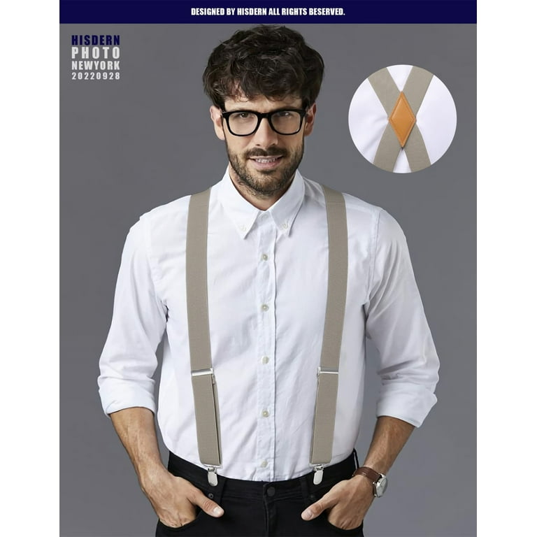 HISDERN Suspenders for Men Khaki Adjustable Elastic Suspenders Braces Clips  X-Back 1.4 Inch Tuxedo Suspenders 