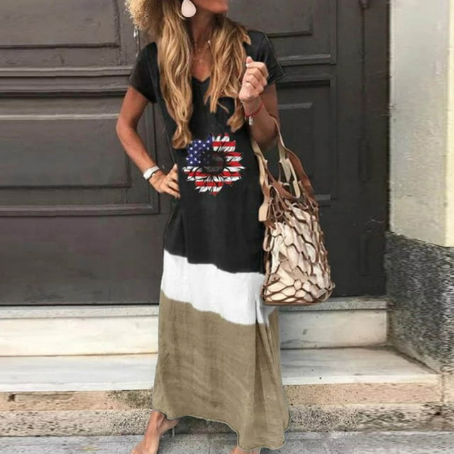 Robes Maxi pour Femmes Robe Décontractée Ample à Empiècements à Manches Courtes Imprimée à Col Rond Longueur Cheville Robe à Manches Courtes en Liquidation