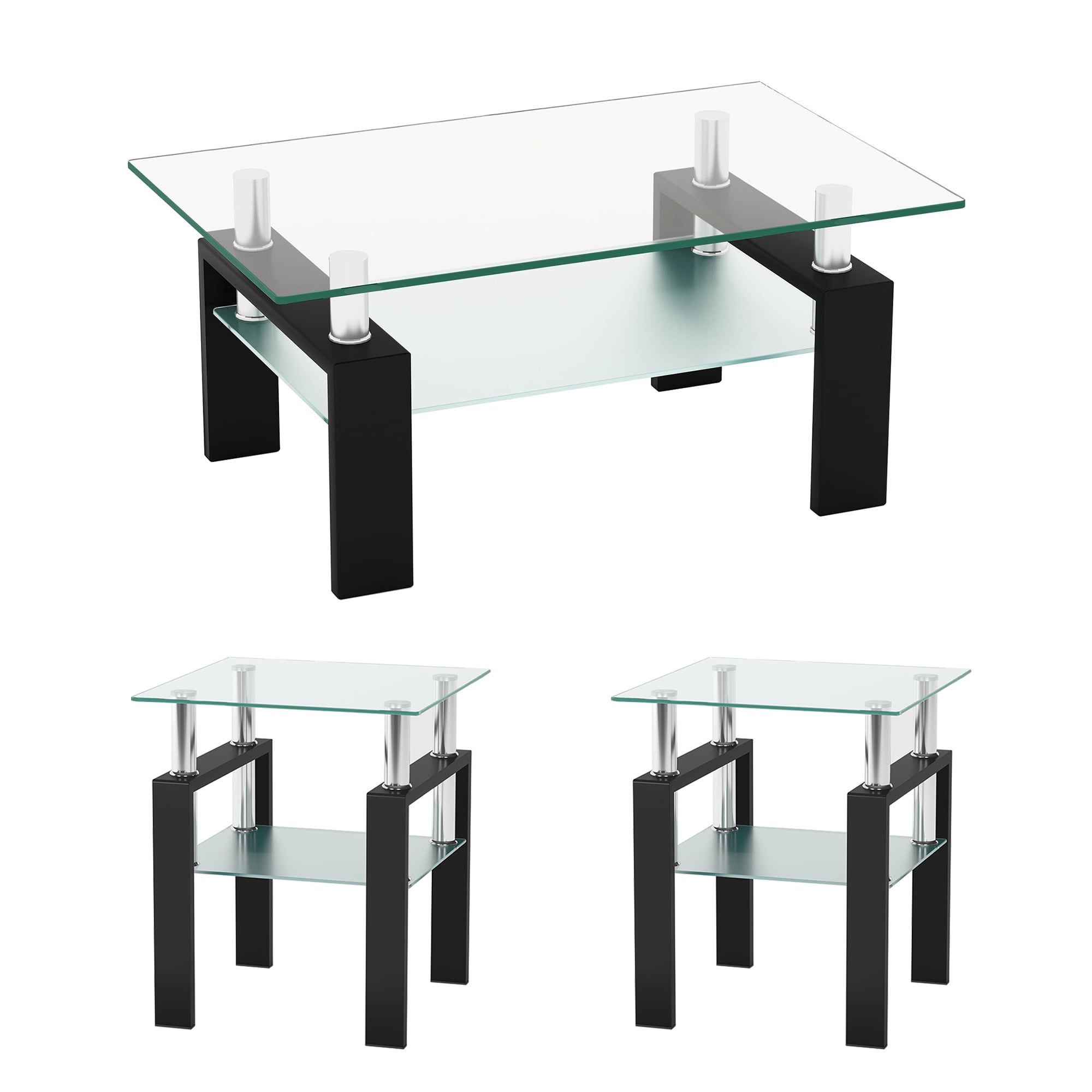 Modern Tempered Glass Coffee Table Set 3 Piece Living Room Table Set Sleek Design, High