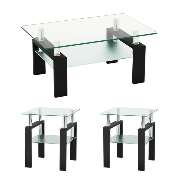 Modern Tempered Glass Coffee Table Set 3 Piece Living Room Table Set