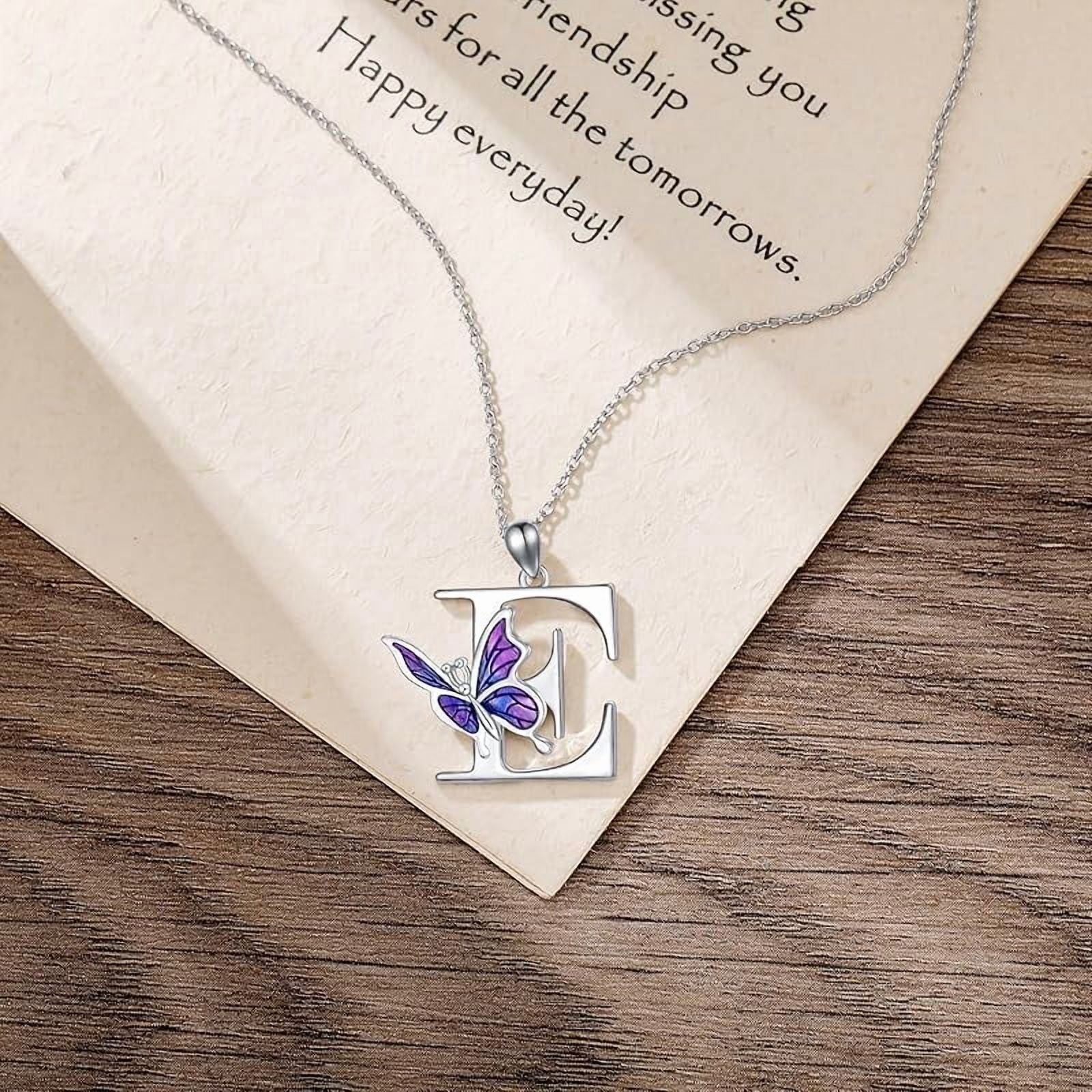 AOBOCO Initial Necklace for Women 925 Sterling Silver Purple Butterfly with A-Z 26 Letters Pendant Necklace for Graduation Gifts