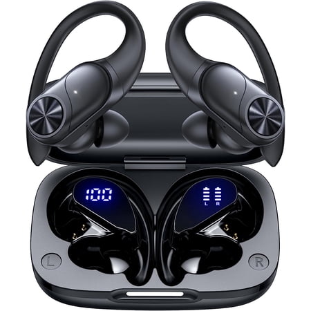 Bluetooth Headphones Wireless Earbuds 80hrs Playtime Wireless Charging Case Digital Display Sports Ear buds with Earhook Premium Deep Bass IPX7 Waterproof Over-Ear Earphones for TV Phone Laptop Black