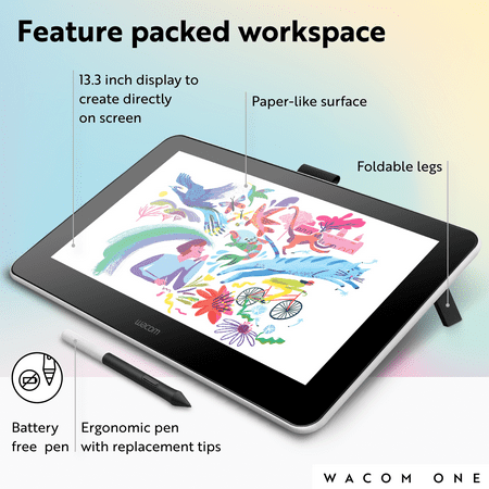 Wacom - One - Drawing Tablet with Screen, 13.3" Pen Display for Mac, PC, Chromebook & Android - Flint White