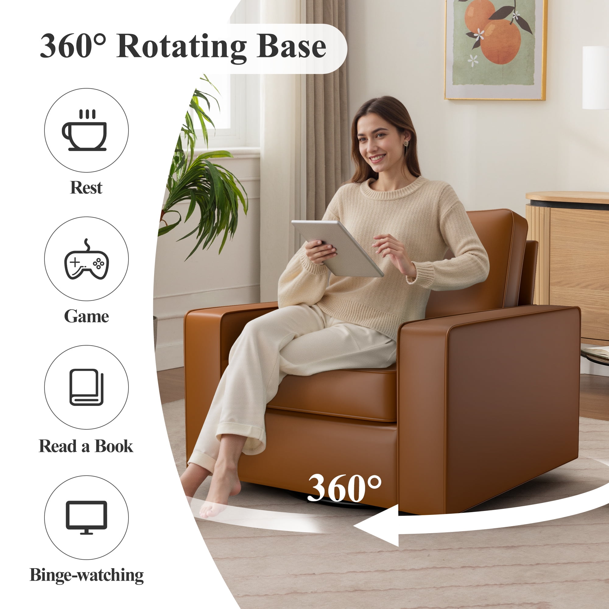 COOLHUT 360° Swivel Accent Chair Set of 1, 36.2" Wide PU Leather Accent Chair Armchair, Comfy Upholstered Single Sofa Chair for Living Room and Bedroom, Brown