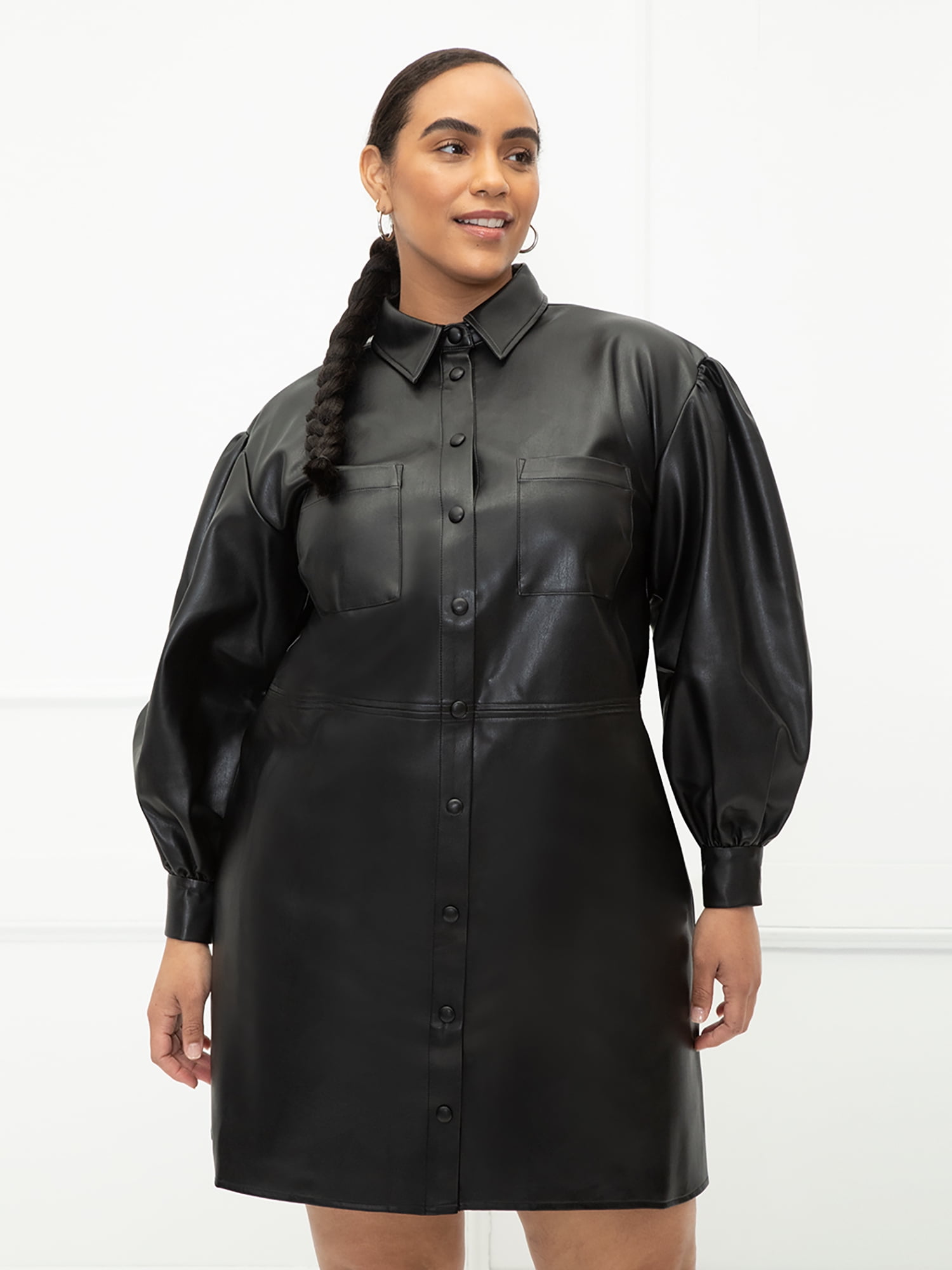 Plus Size Faux Leather Shirt Dress ...