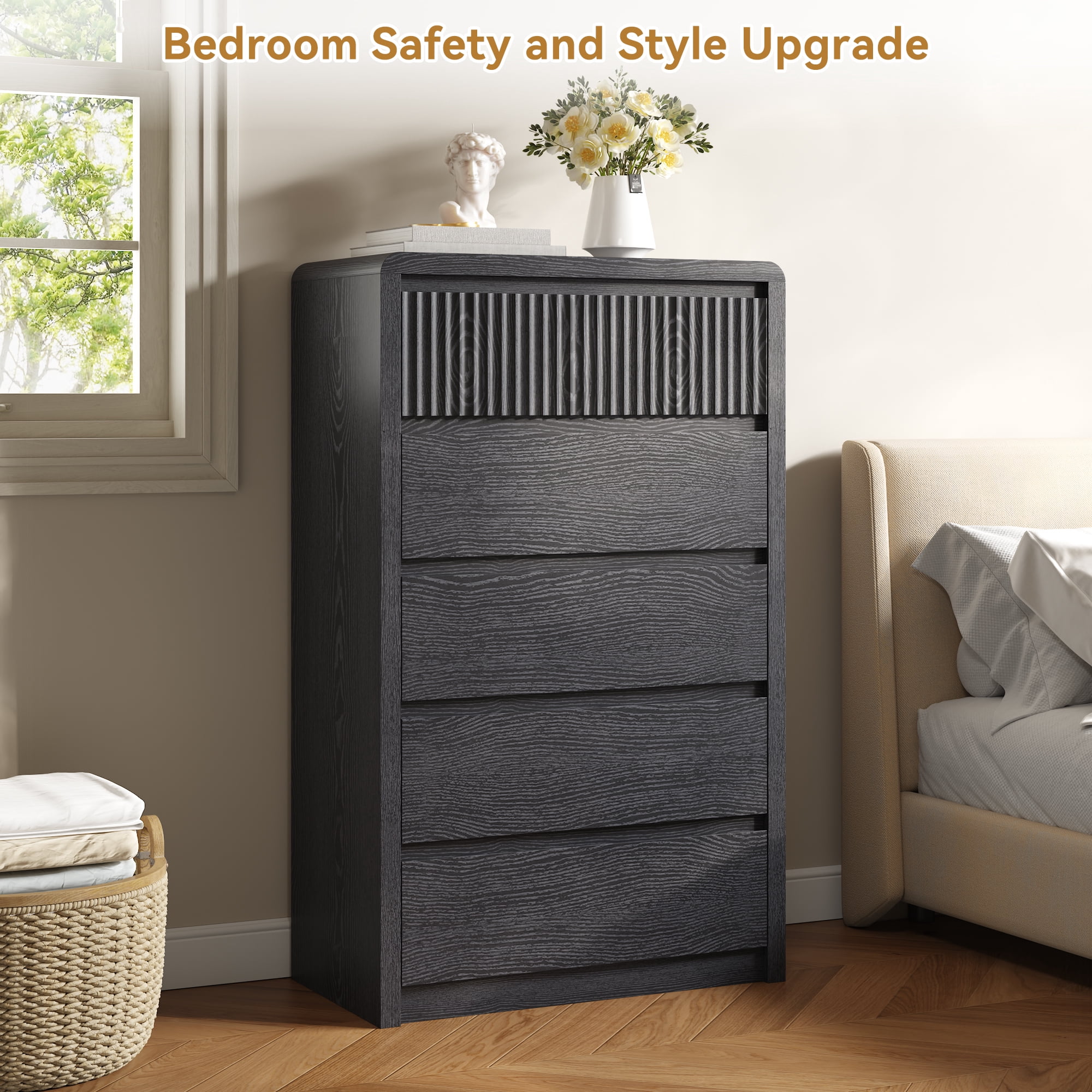 ASTUVIA 5 Drawers Dresser for Bedroom, 48.4" Tall Chest of Drawers with Curved Profile Design, Mid Century Fluted Storage Dressers Organizer,Black