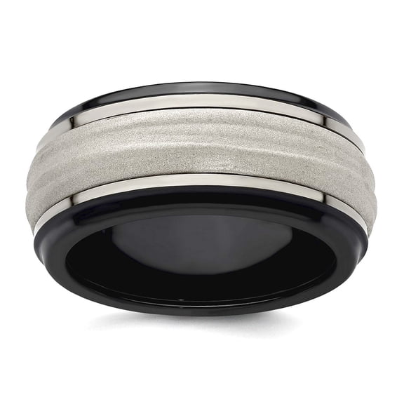 Edward Mirell Black Titanium and Titanium With Argentium 925 Sterling Silver Inlay Lasered Polished Wave 10mm Band Size