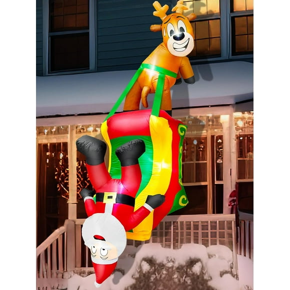 8.5 Ft Christmas Hanging Inflatable Outdoor Decoration Funny Reindeer Pulling Santa Claus on Sleigh Blow Up Christmas Decorations Roof Outside Built-in 5 LED Lights for Balcony Indoor Tree Yard Garden