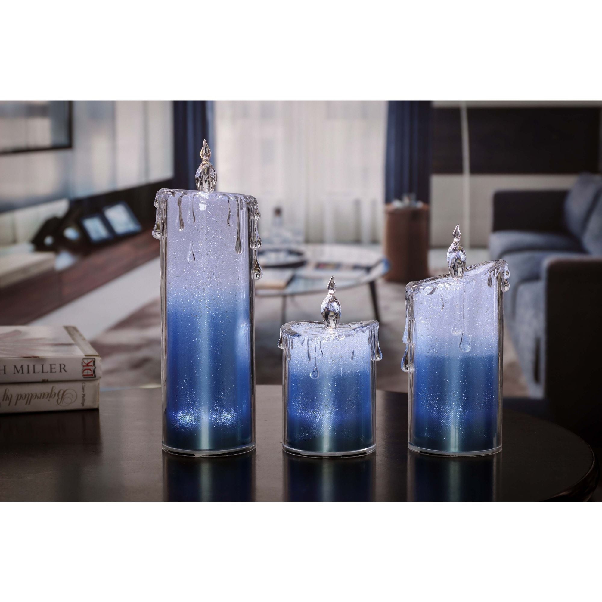Set of 3 White and Blue Glitter LED Lighted Candles 9.5"