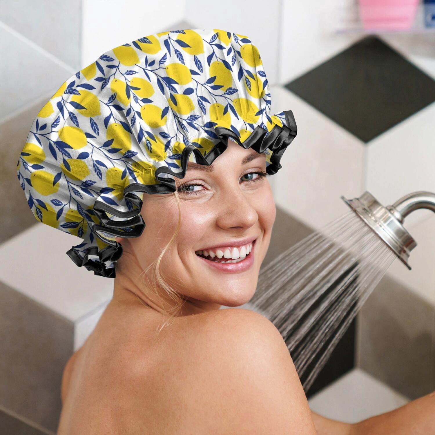 Shower Caps,Yellow Lemon Fruit Leaves White Pattern Waterproof Shower Cap for Women 4 Pieces,Double Reusable Hair Cover for Shower PEVA Elastic Stretch Hem