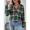 thumbnail image 5 of Women'S V Neck Plaid Shirts Dressy Casual Button-Down Business Work Boho Tops Long Sleeve Fall Outfits Dark Green XL, 5 of 9