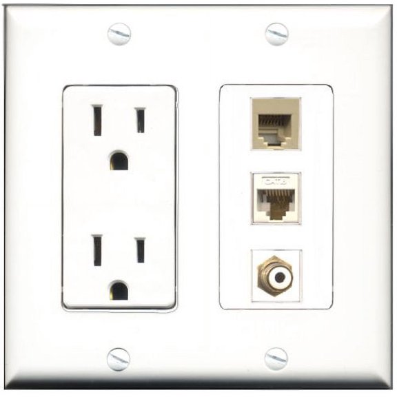 RiteAV - 15 Amp Power Outlet 1 Port RCA White 1 Port Phone Beige 1 Port Cat6 Ethernet Ethernet White Decorative Wall Plate