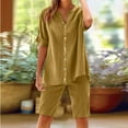 thumbnail image 2 of Dazajoo Womens Two Piece Cotton Linen Sets Button Down Short Sleeve V Neck Shirts Matching Shorts Sets Solid Color Casual Loungewear Weekly Sale,Yellow,L, 2 of 10