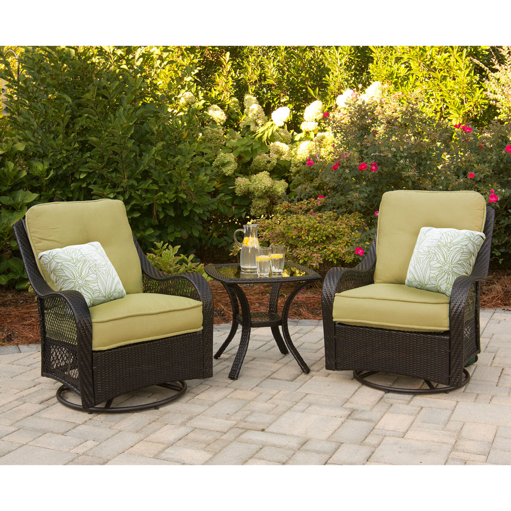 Hanover Orleans 3-Piece Steel Outdoor Patio Chat Set with Brown Wicker, Avocado Green Cushions, 2 Pillows and Glass Top Square Bistro, ORLEANS3PCSW - image 3 of 15