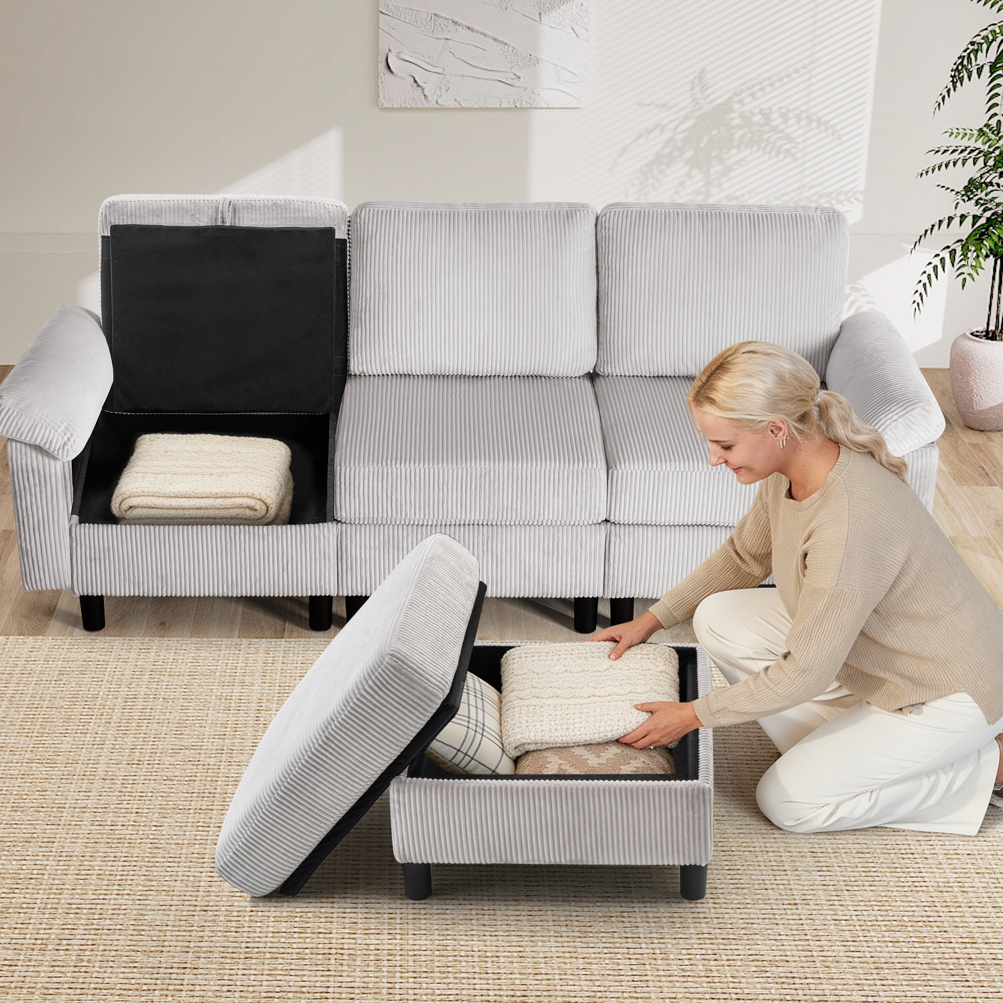 AUNEKIV Modular Sectional Sofa with Movable Ottoman, L-Shape 3-seat Storage Couch for Living Room, Lightgrey