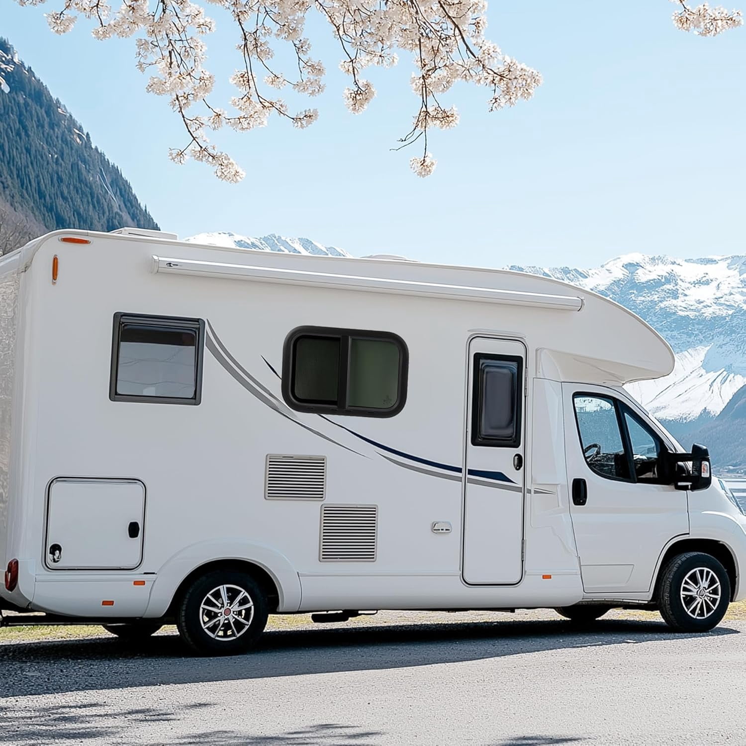 KOJEM RV Windows 21" W x 14" H w/Mesh Screen & Trim Ring 2 Pack Horizontal Window Tinted Universal Teardrop Side Window For Truck Camper Trailer Tempered Glass Aluminium Plastic Rubber Black