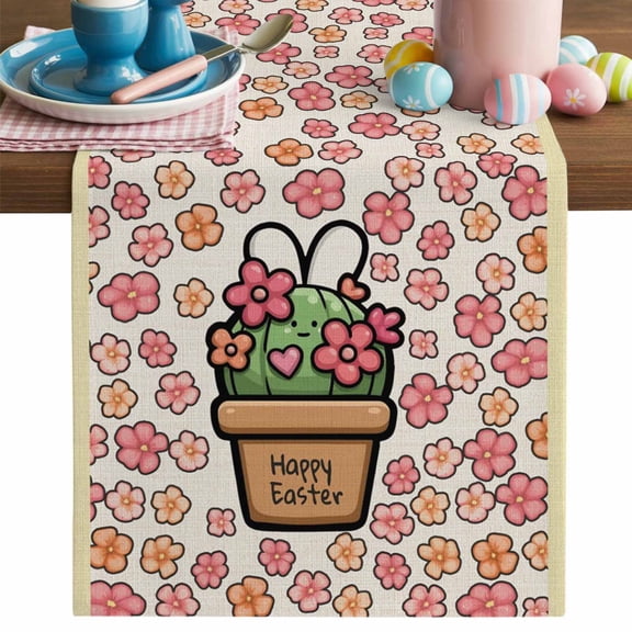 Happy Easter Table Runner, Spring Rabbit Ears Potted Plant Pink Floral Linen Texture Cotton Linen Kitchen Table Decoration Washable Dining Tabletop Runners for Home Party Decor 13x48 Inches