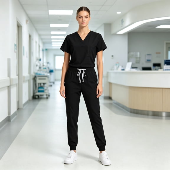 Scrub Sets for Woman Solid Color V-Neck Short Sleeve Long Pants Nurse Uniform with Pock Black S