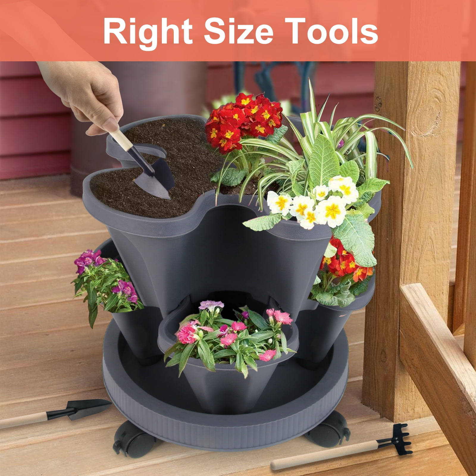 5 Tier Stackable Strawberry, Herb, Flower, and Vegetable Planter - Vertical Garden Indoor/Outdoor, Dark Gray