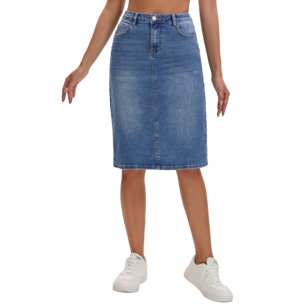 Falda de mezclilla de mujer INSPIRE CHIC, de cintura alta, con abertura trasera, de longitud a la rodilla, color azul, talla 2XL