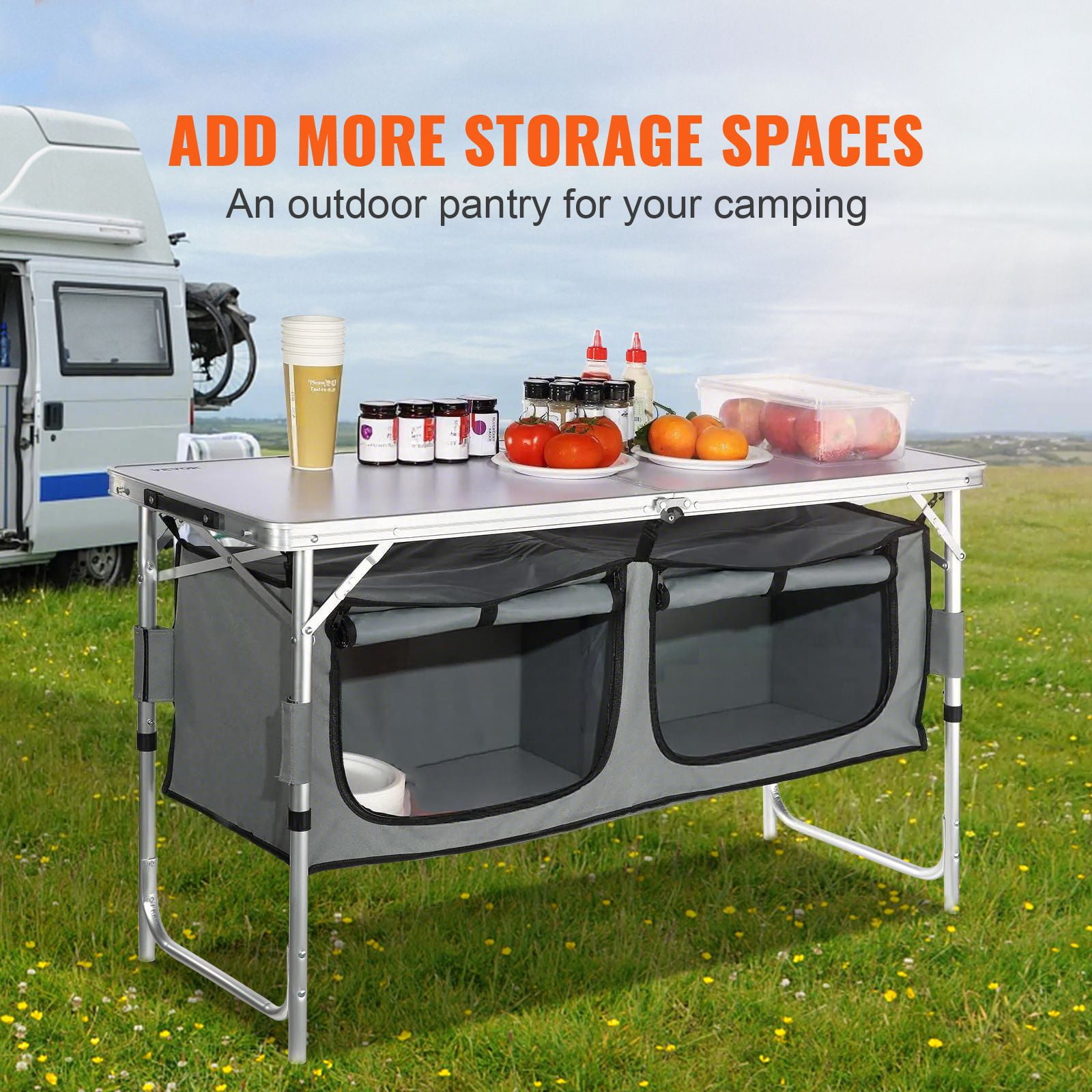 Folding Camping Kitchen Table with Carry Bag, 3 Adjustable Heights Outdoor Cook Station Powder Coated Aluminum Frame MDF Countertop Zipper Storage for Picnic BBQ RV Travel
