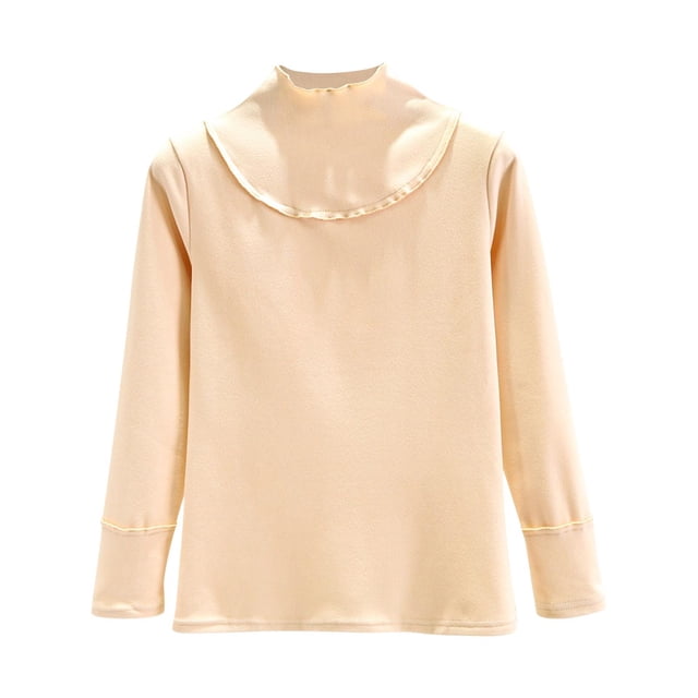 Lenpel Women's Thermal Shirts Long Sleeve Mock Neck Ruffle Trim Fleece Warm Base Layer Tops Fall Winter Basic Undershirts(Beige,Large)