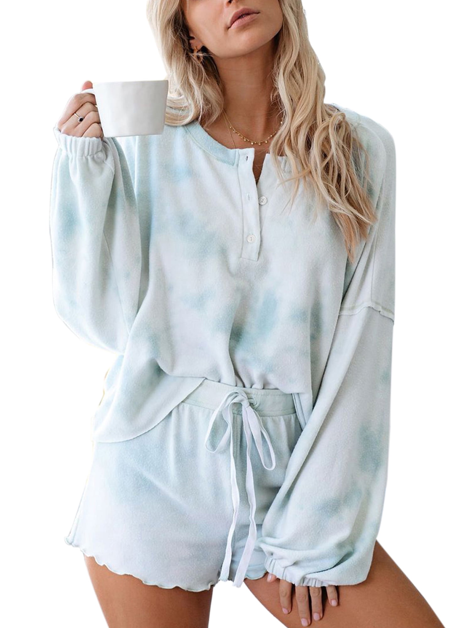 Women's Tie Dye Casual Baggy Pajama Set Ruffle Long Sleeve Short ...