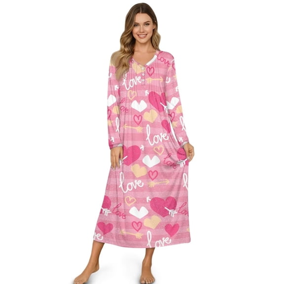 Xoenoiee Pink Heart Love Arrow Stripe Print Nightgowns for Women Valentine's Day Button Down Long Pajama Dress Soft Full Length Sleepshirt V Neck Sleepwear House Dress, Size S