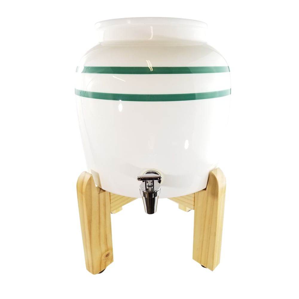 Premium Green Stripe Porcelain Water Crock Dispenser & Wood Counter