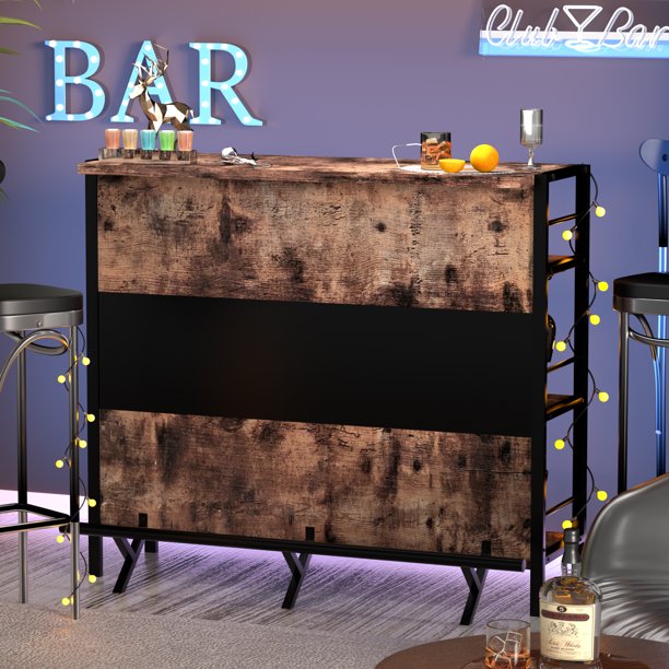 Industrial Style Home Bar Counter Unit with Stemware Rack in Antique