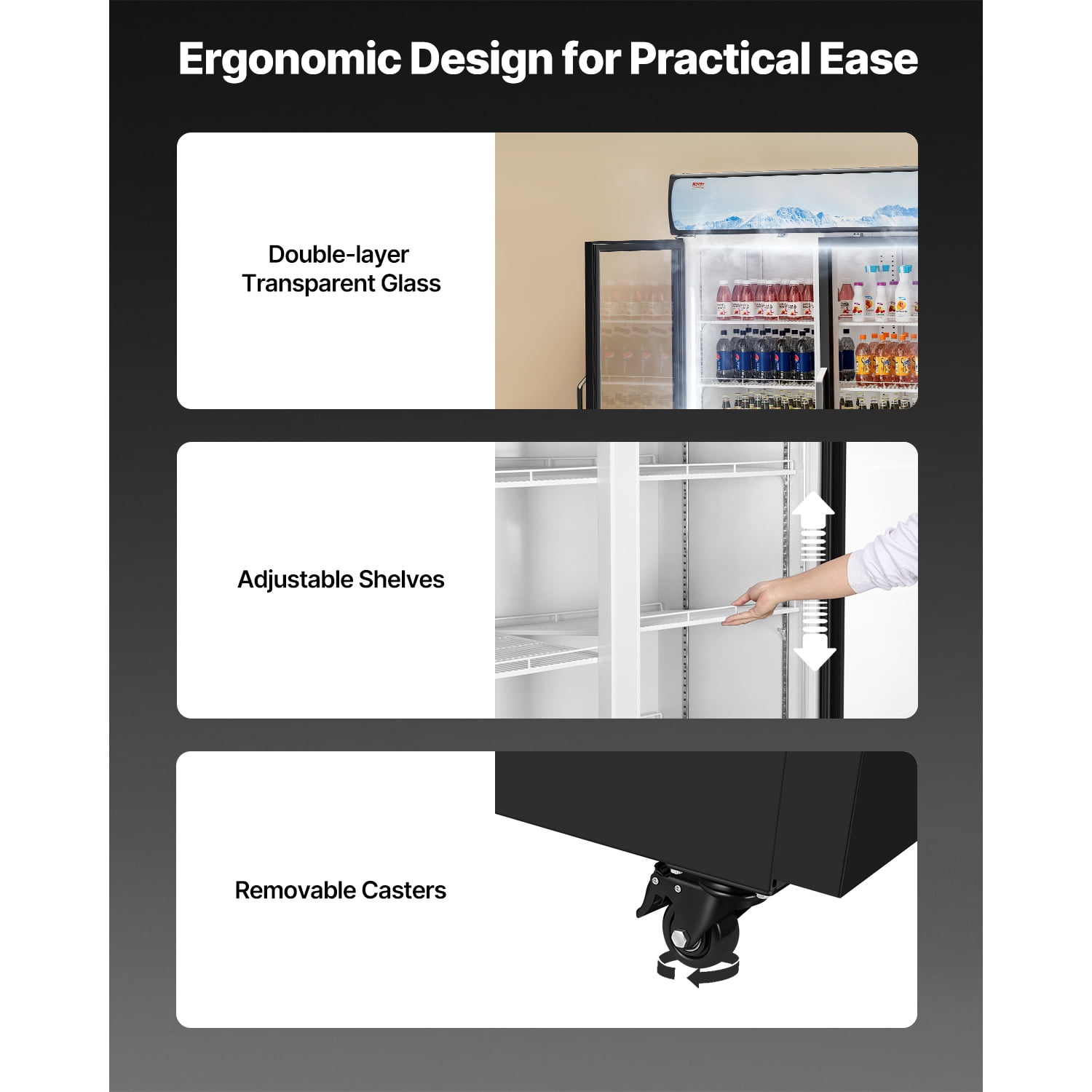 KFFKFF Business-Grade Beverage Chiller, 36.27 CU.FT Vertical Drink Cooler, Dual Transparent Door Fridge with 8 Modifiable Racks, Subtle LED Illumination, Personalizable Lightbox, Mobile Wheels, Black