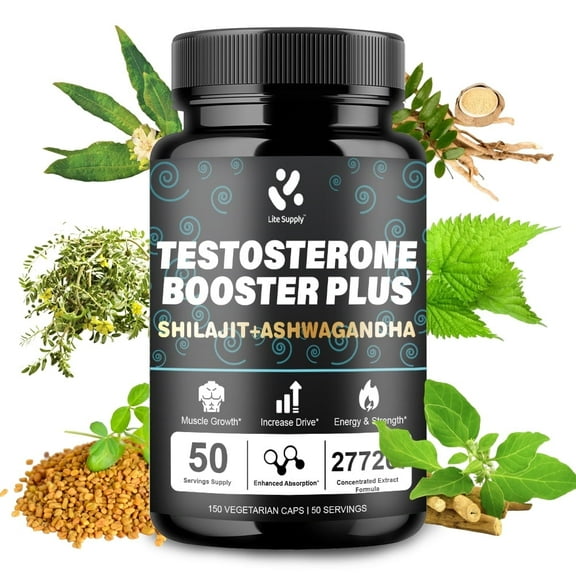 Lite Supply Testosterone Booster for Men 8X Strength with Shilajit, Ashwagandha, Tongkat Ali, Tribulus,Pycnogenol - Natural Stamina, Endurance and Strength Booster   Muscle Builder Workout Supplement