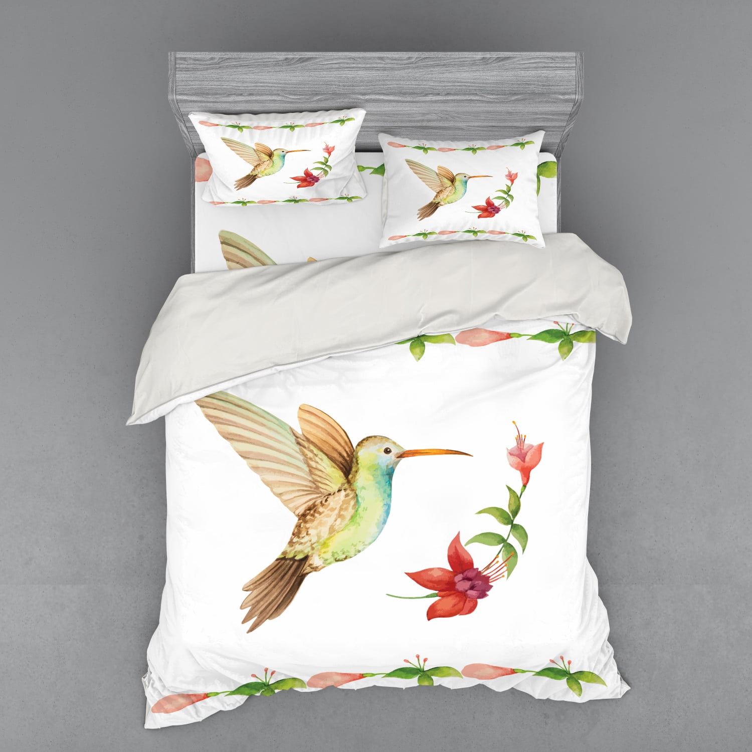 Hummingbird Duvet Cover Set, Hummingbird Flying over a Fuchsia Flower
